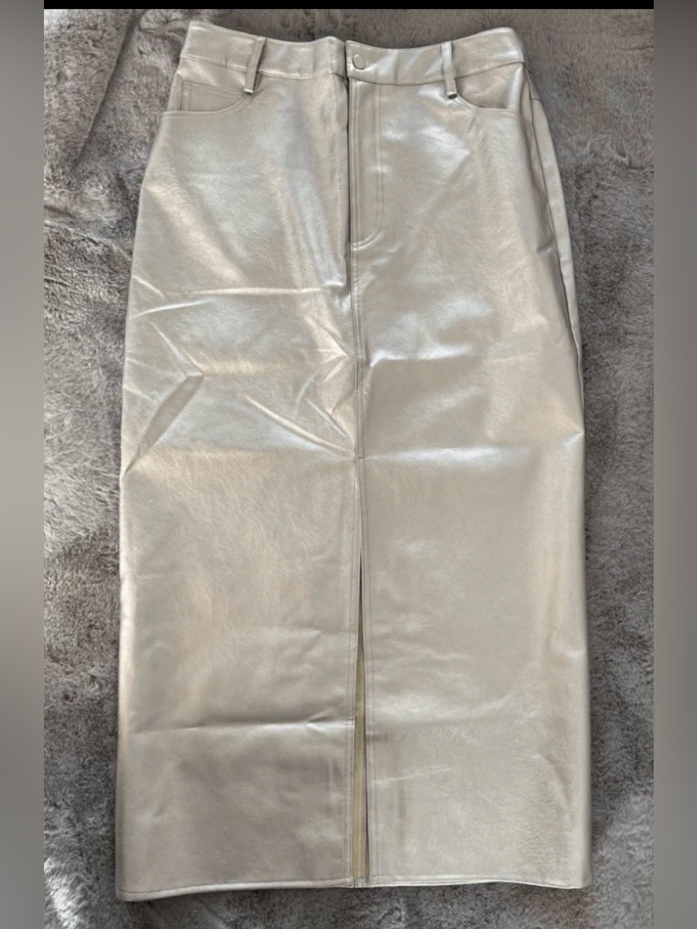 WAYF Metallic Silver Faux Leather Midi Skirt M NWT Coated Quiet Luxury Moto - Picture 6 of 15